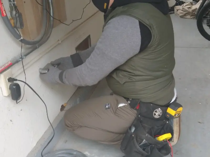 Electrician performing outlet wiring in a Warm Mineral Springs garage